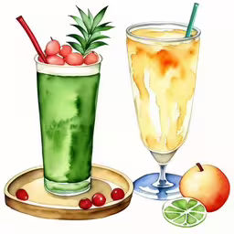 this is two drinks in glasses on a tray,watercolor painting of fruit and beverages with water color