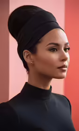 a woman with a turban stands in front of a wall