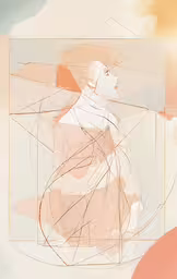 an abstract painting with a person on it,a golden framed print with lines in the shape of an abstract man