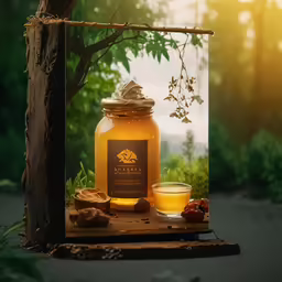 a glass jar of honey and some food