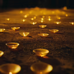 candles lit in gold bowls in an outdoor setting