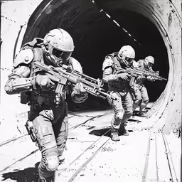 some soldiers and their weapons are going out of a tunnel