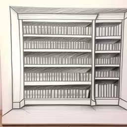 an open book shelf with three shelves on the top,a sketch of an open book case filled with books,a drawing of a bookcase on top of a hard wood floor,drawing on paper of a white bookcase,a drawing of a bookcase with shelves in the middle of it