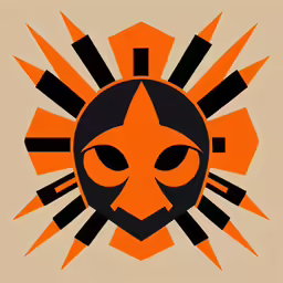 an orange and black sun that has faces in front