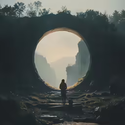 a man standing in front of a large tunnel