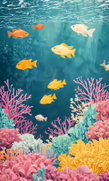 an image of a painting of different colored fish