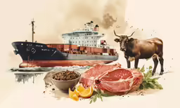 a cow, some meat, and other ingredients with a ship in the background