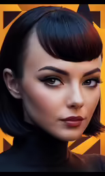 a girl with black hair and a short, bobb wig with black makeup