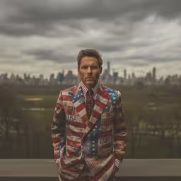 a man with an american flag suit stands on top of a roof,a man that is dressed up in some sort of patriotic costume