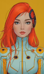 a woman in blue and orange with red hair