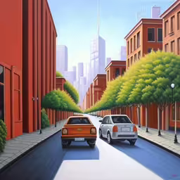 a painting of a city street with red buildings and green trees