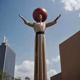 an image of a woman balancing a red ball on her head