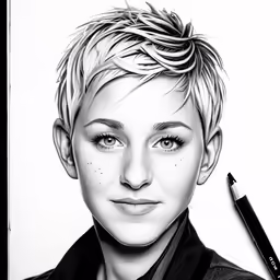 a black and white drawing of a young woman