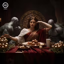 a woman dressed as poseit is surrounded by brass balls