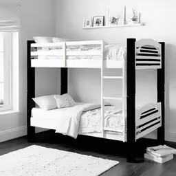 a room with two beds and a white rug on the floor