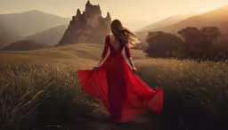 a woman in a red dress is walking away in a field