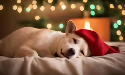 a small brown and white dog laying on top of a bed