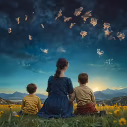a little girl and two kids sit on the grass looking at a sunset