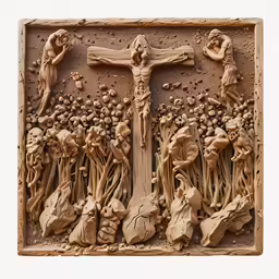 this is an intricately carved wood carving of jesus on the cross