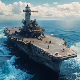 a large navy ship is shown floating in the ocean