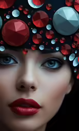 a woman with red lipstick is wearing some kind of headpiece