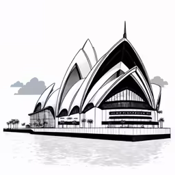 an ink drawing of a building on the water