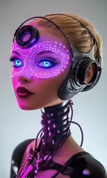 a woman with headphones and glowing makeup