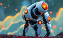 two robot toys with glowing eyes stand on the ground