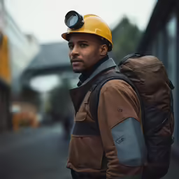 a person standing next to a school bus wearing a backpack and a helmet