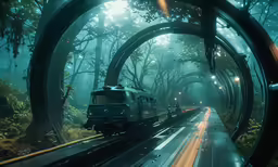 a train traveling through a forest tunnel on a foggy day