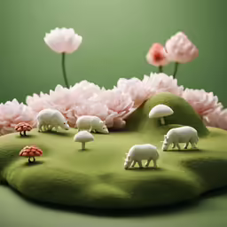 some small sheep and trees on a green surface