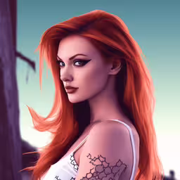a realistic drawing of an attractive redhead girl,an image of a woman with red hair in the sunlight