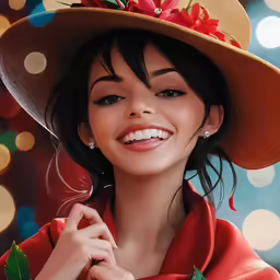 a woman with a red coat and a big hat