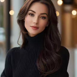 a beautiful young woman wearing a black turtle neck sweater