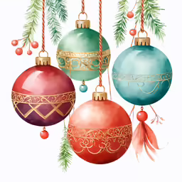 three christmas balls hanging from a branch of tree