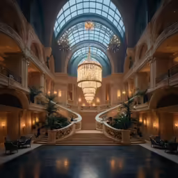 a large lobby with stone stairs and chandelier above it
