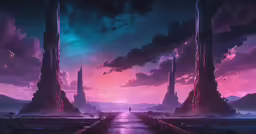 some tall towers stand near the water at night