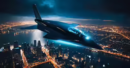 an airplane flies above the city at night