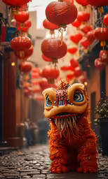 a close up of a fake animal near some lanterns
