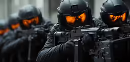 a group of soldiers in black uniforms holding their guns