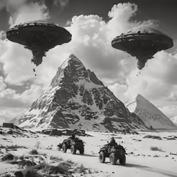the alien vehicles are in the snow by the mountains