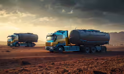 two yellow and blue trailers in the middle of desert,two semis with gas tanks on the road