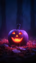 a lit pumpkin sitting in the middle of a field at night