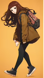 a woman walking with a backpack on her back