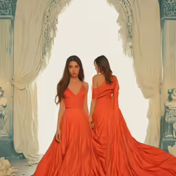 two girls standing in front of a backdrop wearing very long gowns