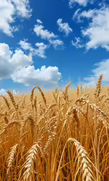 a wheatfield with blue skies and clouds