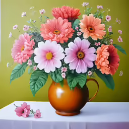 a painting of some pretty pink and red flowers in a brown vase