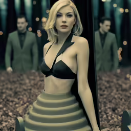 a young blonde posing next to a man in the woods