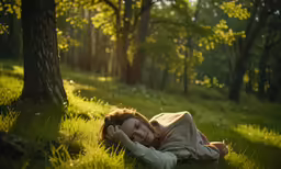 a girl laying on the grass in front of a tree