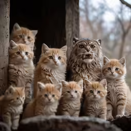 a group of adorable brown and white kittens together